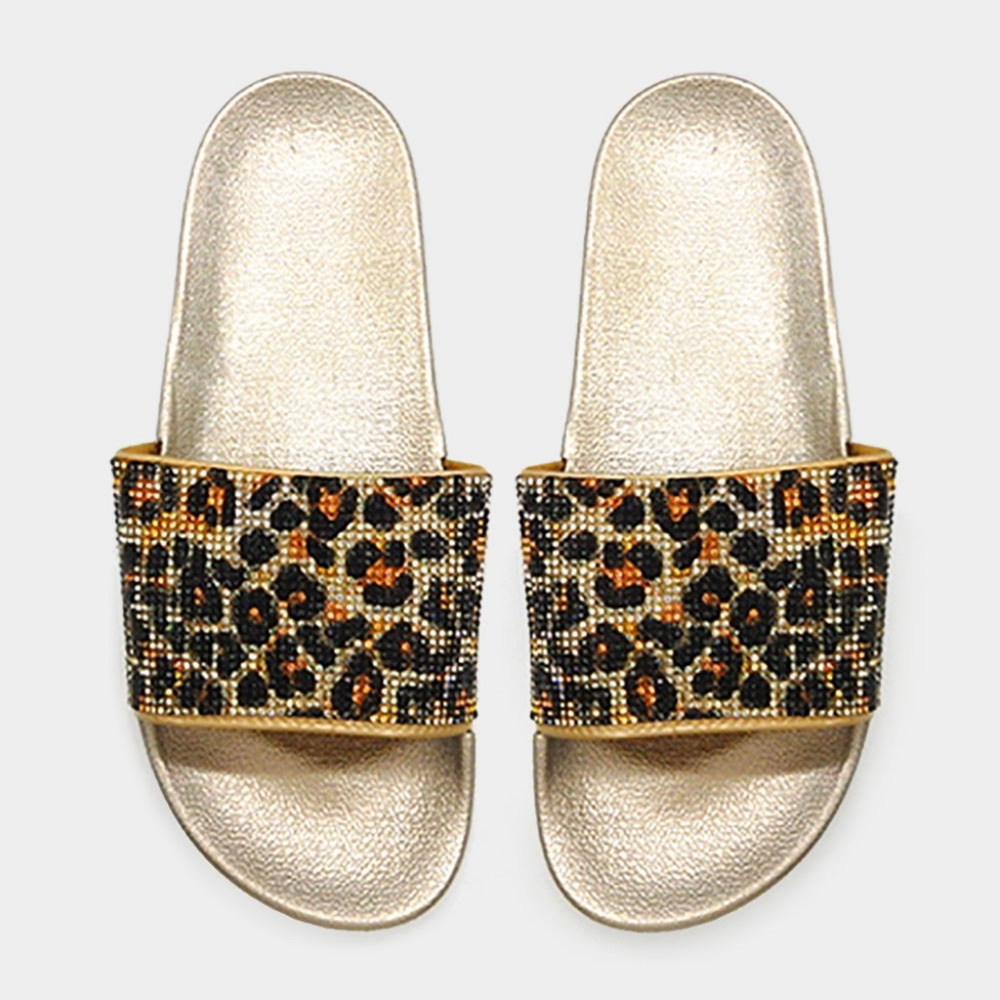 Gold Black Leopard Crystal Slides Slippers Sandals